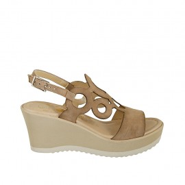 Woman's sandal in beige suede with platform and wedge heel 7 - Available sizes:  31, 34, 44, 45