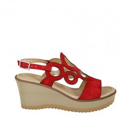 Woman's sandal in red suede with platform and wedge heel 7 - Available sizes:  31, 33, 34, 42, 45