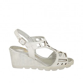 Woman's sandal in white pierced leather and white and silver fabric with wedge heel 6 - Available sizes:  31, 33, 34, 42, 43, 44, 45