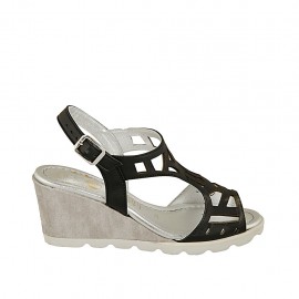 Woman's sandal in black pierced leather and grey and silver fabric wedge heel 6 - Available sizes:  31, 32, 33, 34, 42, 43, 44, 45