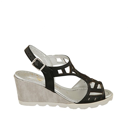 Woman's sandal in black pierced leather and grey and silver fabric wedge heel 6 - Available sizes:  31, 32, 33, 34, 42, 43, 44, 45