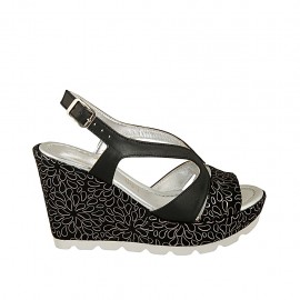 Woman's sandal in black leather and black and silver printed suede with platform and wedge 9 - Available sizes:  31, 32, 33, 34, 44, 45