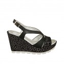 Woman's sandal in black leather and black and silver printed suede with platform and wedge 9
