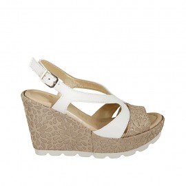 Woman's sandal in white leather and beige and silver printed suede with platform and wedge 9 - Available sizes:  31, 32, 34, 42, 43, 44, 45