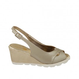 Woman's sandal in pearled platinum leather and fabric wedge 6 - Available sizes:  31, 33, 34, 44, 45