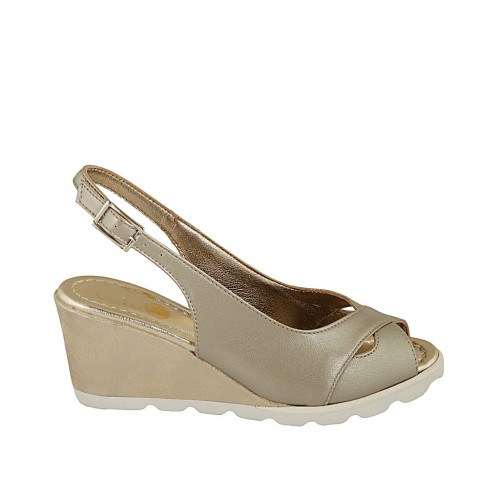 Woman's sandal in pearled platinum leather and fabric wedge 6 - Available sizes:  31, 33, 34, 44, 45