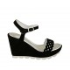 Sandalia para mujer en gamuza perforada negra con cinturon cuña 9 - Tallas disponibles:  32, 33, 34, 42, 44, 45