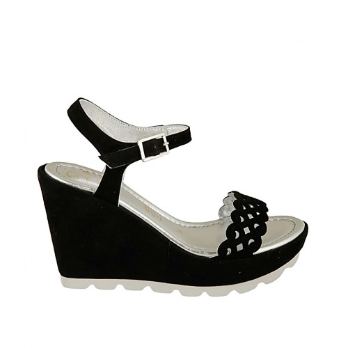 Woman's sandal in black pierced suede with strap wedge heel 9 - Available sizes:  32, 33, 34, 42, 44, 45