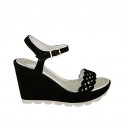 Woman's sandal in black pierced suede with strap wedge heel 9