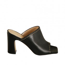 Mule ouvert pour femmes en cuir noir avec goujons talon 8 - Pointures disponibles:  32, 33, 34, 42, 43