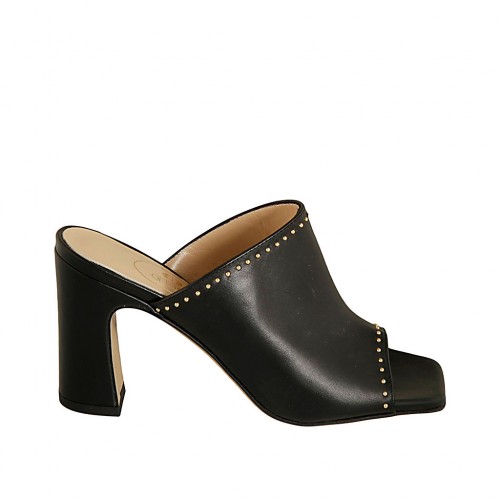 Sabot aperto da donna in pelle nera con borchie tacco 8 - Misure disponibili: 32, 33, 34, 42, 43