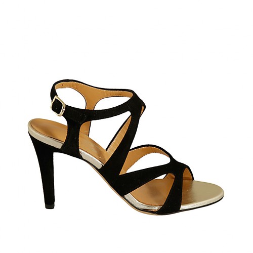 Sandalia para mujer con cinturon en gamuza negra y piel platino tacon 8 - Tallas disponibles:  31, 32, 33, 34, 42, 43, 44, 46, 47