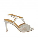 Woman's sandal in silver laminated leather and transparent fabric heel 7