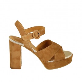 Sandale pour femmes en daim brun et cuir lamé platine avec courroie, plateforme et talon 9 - Pointures disponibles:  32, 42, 43, 44, 45, 46