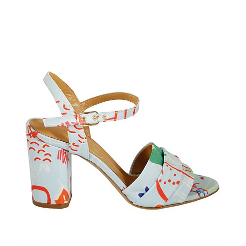 Sandalia para mujer con cinturon en tejido azul claro y multicolor tacon 7 - Tallas disponibles:  34, 42, 45