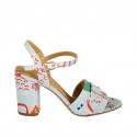 Woman's strap sandal in light blue and multicolored fabric heel 7