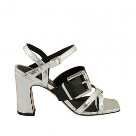 Sandale pour femmes avec courroie et boucle en cuir noir et lamé argent talon 8 - Pointures disponibles:  33, 34, 42, 43, 45