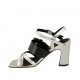 Sandalia con cinturon y hebilla para mujer en piel negra y laminada plateada tacon 8 - Tallas disponibles:  33, 34, 42, 43, 45