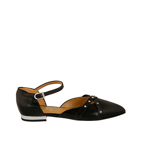 Scarpa aperta da donna con cinturino e borchie in pelle nera tacco 1 - Misure disponibili: 45, 46