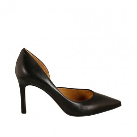 Scarpa da donna aperta al lato in pelle nera tacco 8 - Misure disponibili: 31, 32, 34, 43, 44, 45, 46