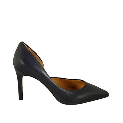 Scarpa aperta al lato da donna in pelle blu scuro tacco 8 - Misure disponibili: 33, 34, 43, 44, 46, 47