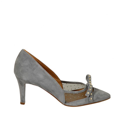 Zapato de salon puntiagudo para mujer con moño y tachuelas en tela de lunares transparente y gamuza azul grisaceo tacon 7 - Tallas disponibles:  34, 42, 43, 44, 45, 46