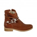 Woman's ankle boot with zipper, buckles and studs in tan leather and pierced leather heel 3