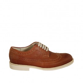 Men's laced derby shoe with Brogue decorations in tan-colored leather  - Available sizes:  37, 38, 46, 47, 48, 49, 50