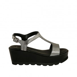 Sandalia para mujer en piel negra y charol gris con plataforma y cuña 6 - Tallas disponibles:  42, 43, 44, 45