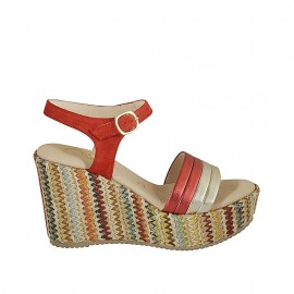 Woman's sandal in red suede, red and platinum laminated leather and multicolored fabric with strap, platform and wedge heel 9 - Available sizes:  32, 33, 34, 42, 43, 44, 45