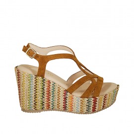 Woman's sandal with platform in tan suede and multicolored wedge heel 9 - Available sizes:  32, 34, 42, 43, 44, 45
