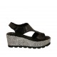 Woman's sandal with velcro strap in black laminated leather and grey fabric wedge heel 6 - Available sizes:  43, 45, 46