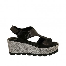Woman's sandal with velcro strap in black laminated leather and grey fabric wedge heel 6 - Available sizes:  43, 45, 46
