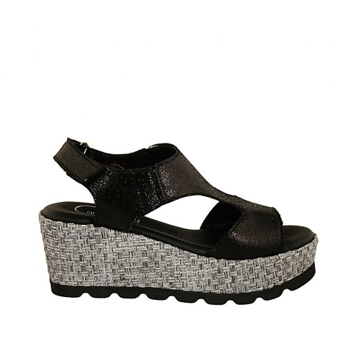 Woman's sandal with velcro strap in black laminated leather and grey fabric wedge heel 6 - Available sizes:  43, 45, 46