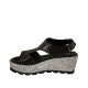 Woman's sandal with velcro strap in black laminated leather and grey fabric wedge heel 6 - Available sizes:  43, 45, 46