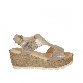 Sandalo da donna in pelle laminata e tessuto platino con velcro, plateau e zeppa in corda 6 - Misure disponibili: 31, 42, 43, 44, 45, 46