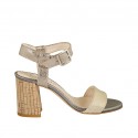 Woman's strap sandal in taupe and platinum laminated printed suede heel 7