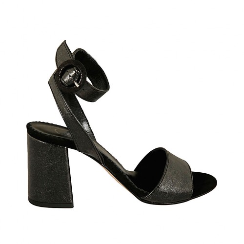 Sandale pour femmes avec courroie à la cheville en cuir lamé noir scintillant talon 7 - Pointures disponibles:  43, 46