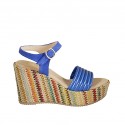 Woman's sandal in cornflower blue suede and laminated leather and multicolored fabric with strap, platform and wedge heel 9