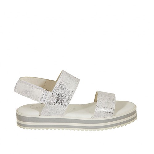 Sandalia para mujer con cierre de velcro en gamuza laminada y imprimida plateada cuña 3 - Tallas disponibles:  32, 33, 34, 43