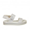 Woman's sandal with velcro strap in silver printed and laminated suede wedge heel 3
