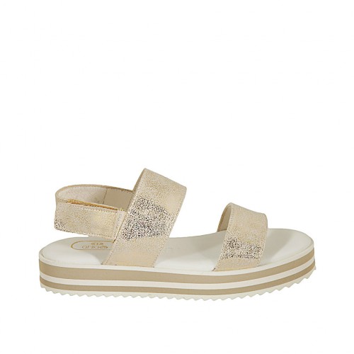 Sandale pour femmes avec fermeture velcro en daim imprimé et lamé platine talon compensé 3 - Pointures disponibles:  42, 43, 44, 45