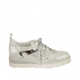 Zapato con cordones para mujer en gamuza gris y piel laminada plateada cuña 3 - Tallas disponibles:  33, 42, 43, 44