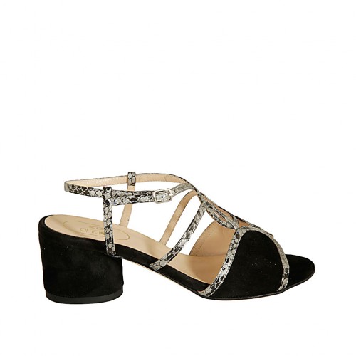 Sandalia para mujer en piel estampada y gamuza negra tacon 5 - Tallas disponibles:  33, 34, 42, 43, 44