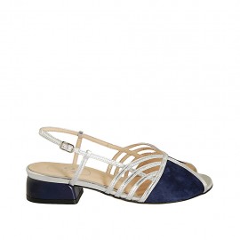 Sandale pour femmes en daim et cuir bleu foncé et cuir lamé argent talon 3 - Pointures disponibles:  32, 34, 45
