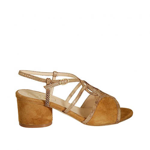 Sandale pour femmes en cuir imprimé et daim brun clair talon 5 - Pointures disponibles:  33, 42, 43, 44, 45