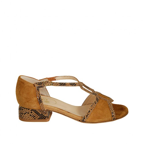Woman's open shoe in tan printed leather and suede heel 3 - Available sizes:  32, 33, 43, 45
