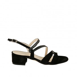 Woman's sandal in black leather and suede heel 4 - Available sizes:  32, 33, 43, 44