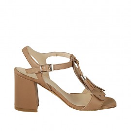 Woman's sandal with tassels and fringes in beige leather heel 7 - Available sizes:  42, 44