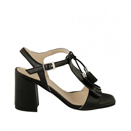 Woman's sandal with tassels and fringes in black leather heel 7 - Available sizes:  33, 34, 44